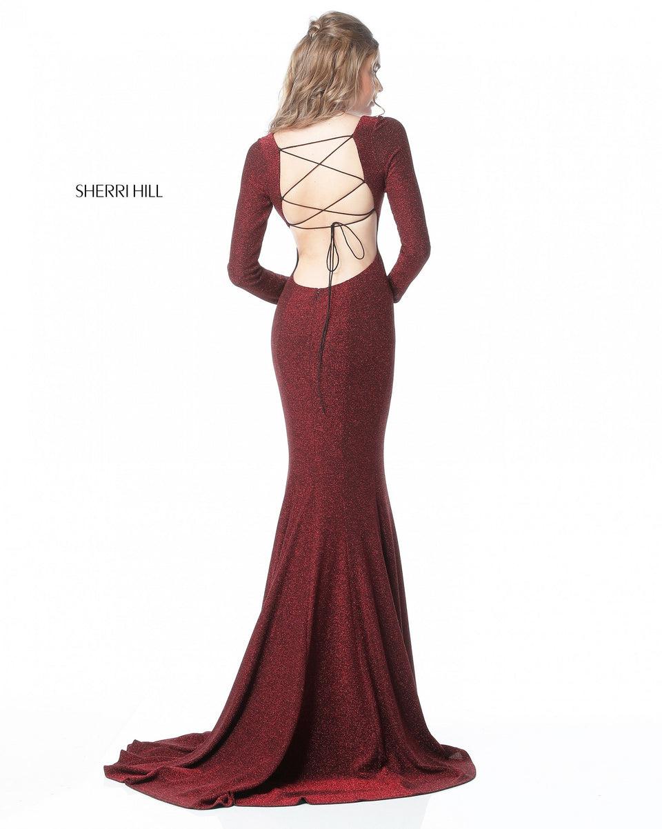 Sherri Hill Sparkly Stretch Scuba Gown With Long Sleeves And Open Lace Up Back