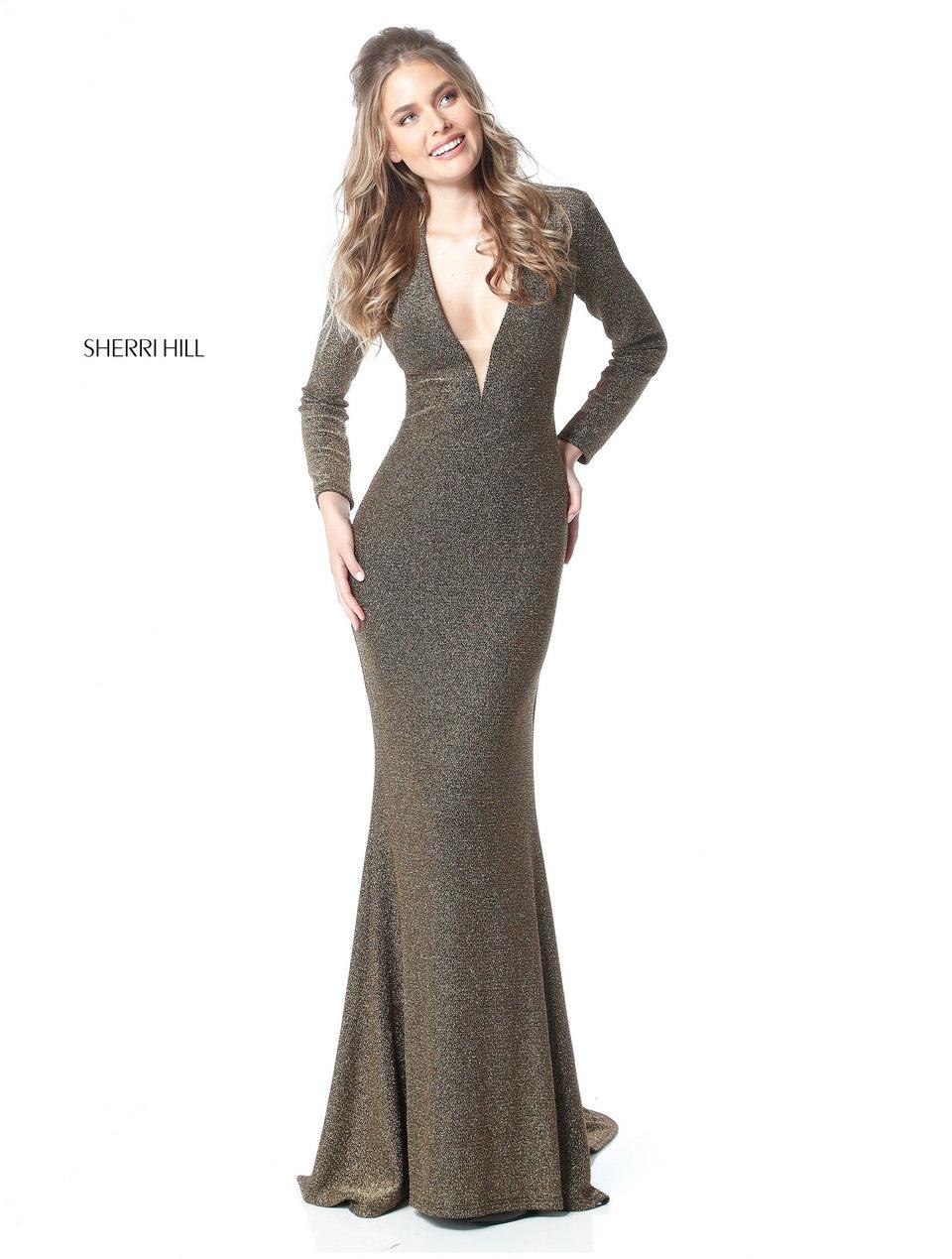 Sherri Hill Sparkly Stretch Scuba With Long Sleeves Deep V And Cut Out Back