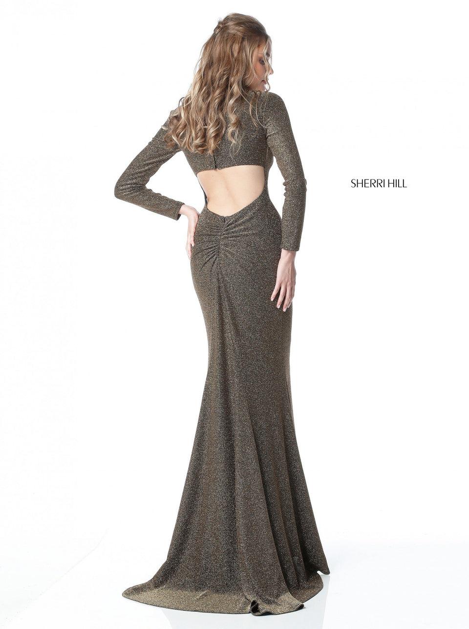 Sherri Hill Sparkly Stretch Scuba With Long Sleeves Deep V And Cut Out Back