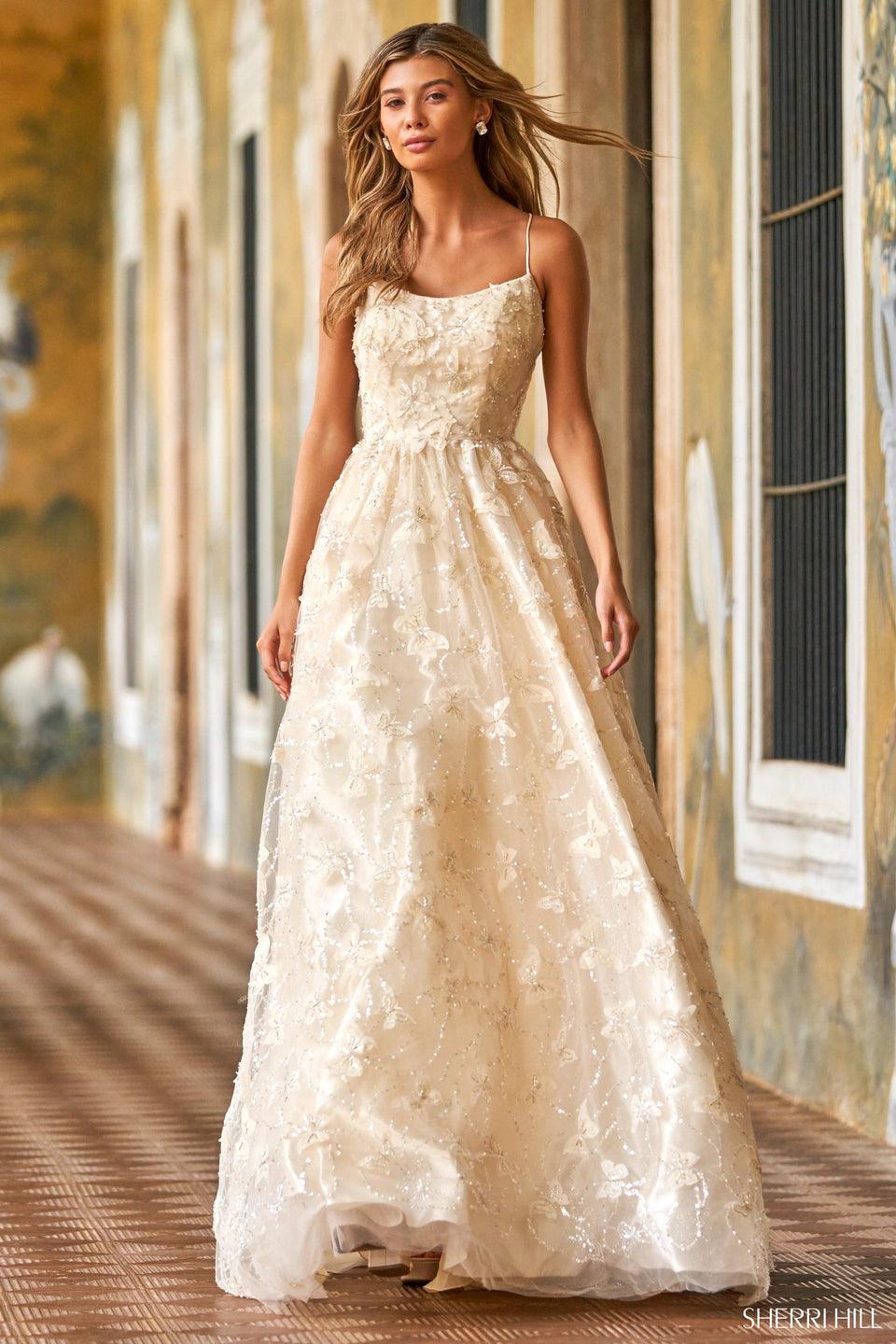 sherri hill Straight neckline ball gown with butterfly sequin embellishments and lace up back
