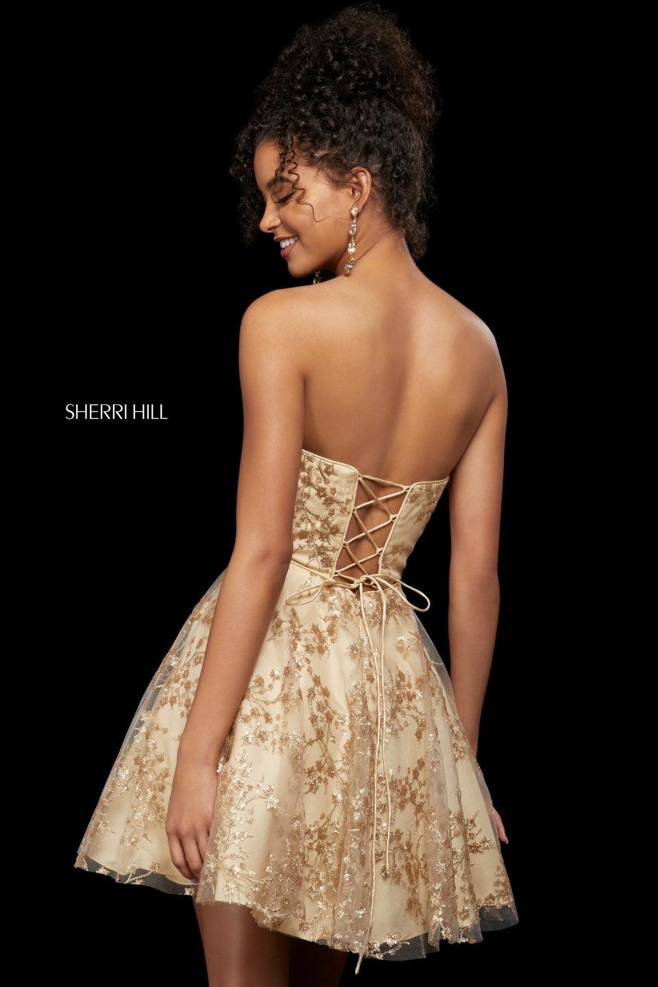 Sherri Hill Strapless A-line Cocktail Dress With Floral Sequin Pattern And Corset Back