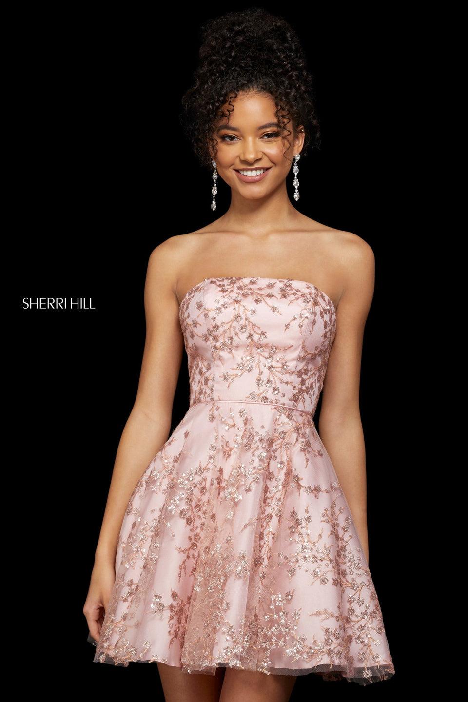 sherri hill Strapless A-line cocktail dress with floral sequin pattern and corset back
