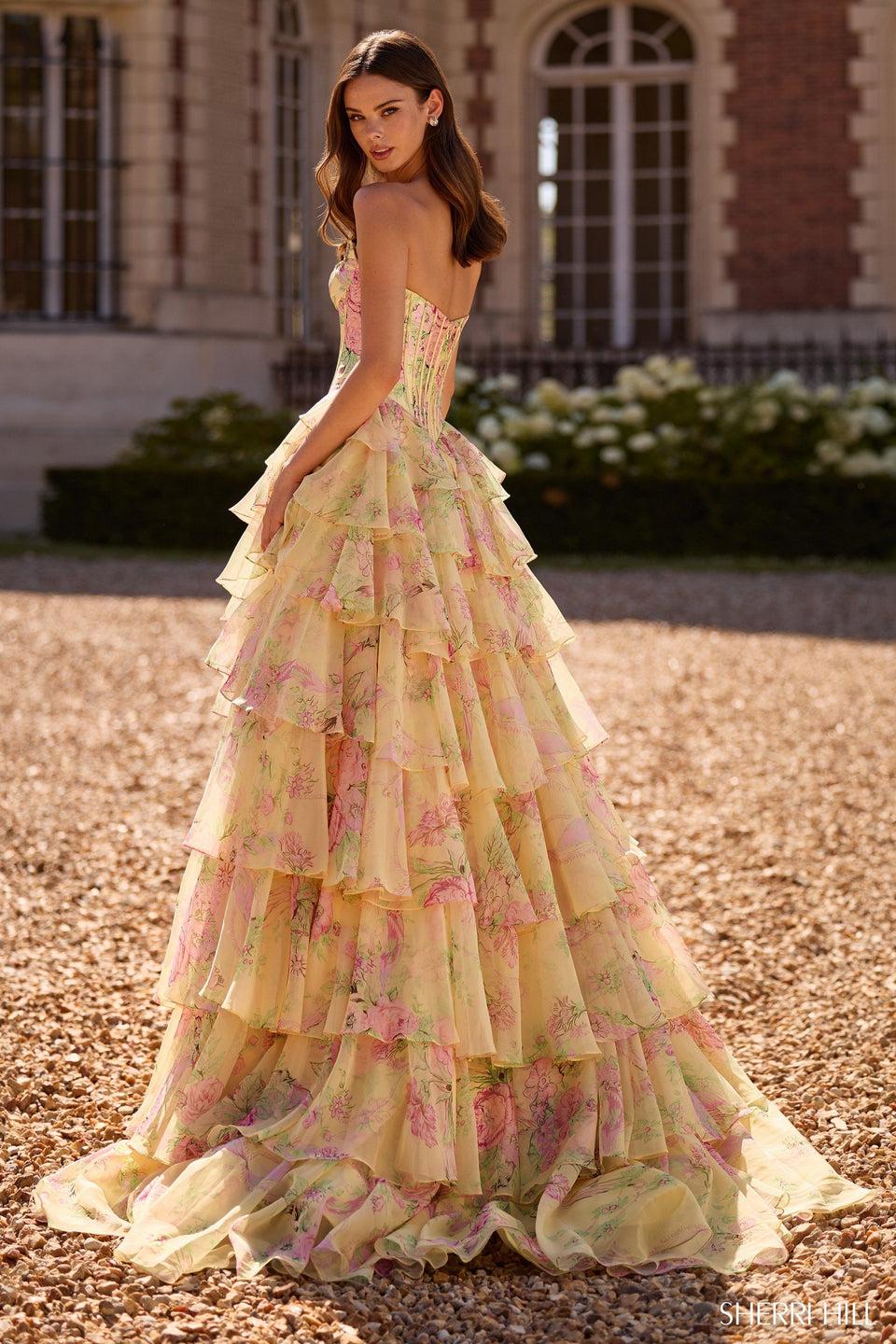 Sherri Hill Strapless A-line Floral Gown With Corset Bodice And Chiffon Ruffle Skirt