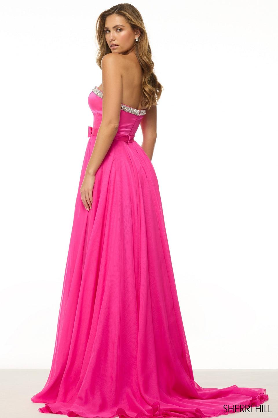 Sherri Hill Strapless A-Line Gown With Beaded Neckline Satin Bow On Waistline And Chiffon Skirt Slit