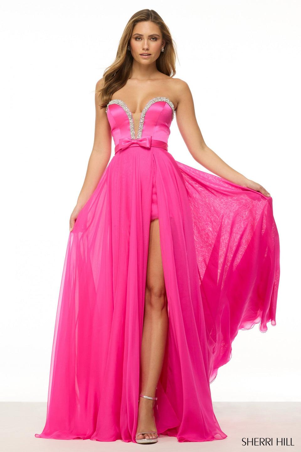 sherri hill Strapless A-Line gown with beaded neckline satin bow on waistline and chiffon skirt slit