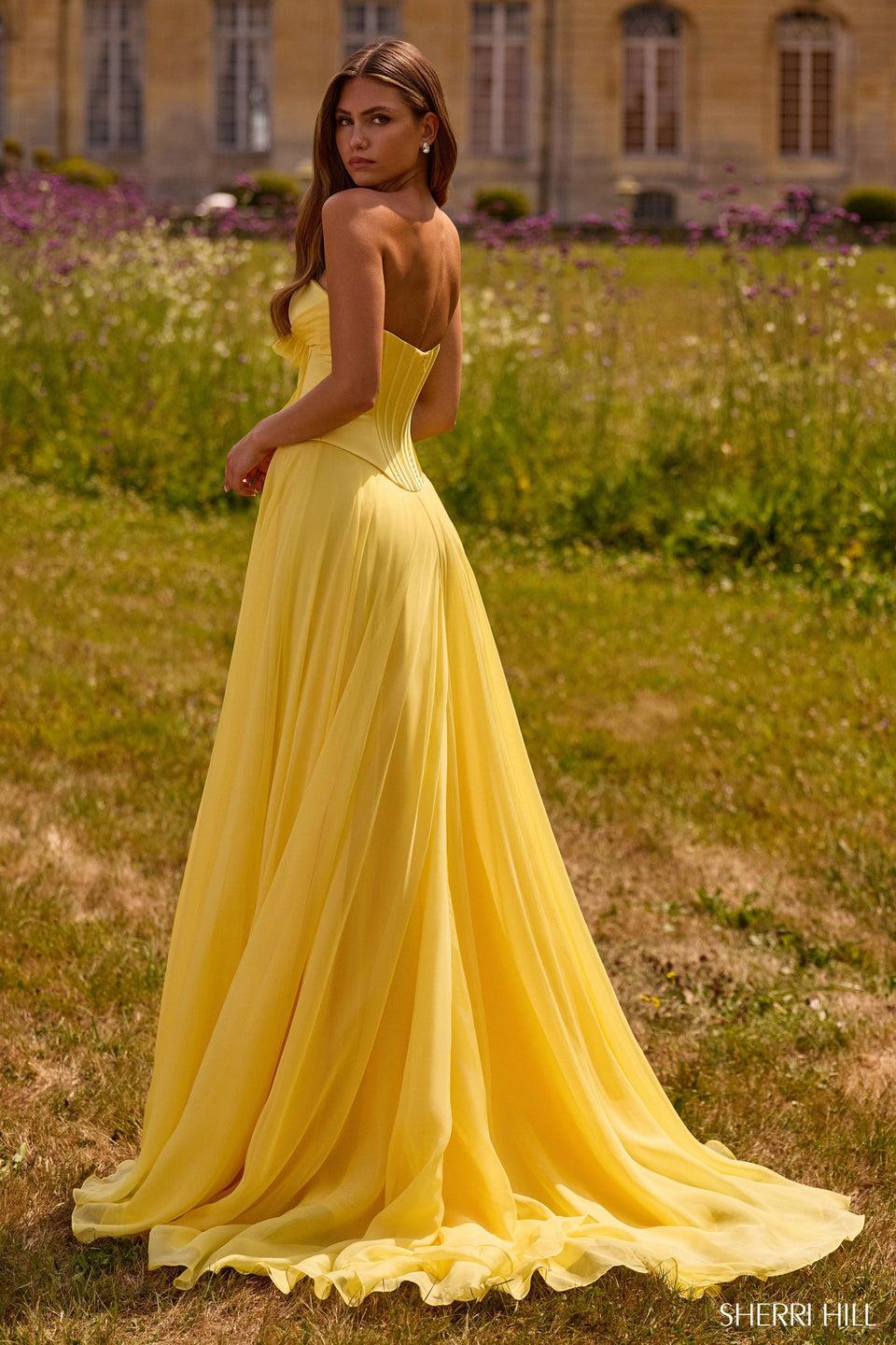 Sherri Hill Strapless A-line Gown With Bow On Bodice And Chiffon Skirt With Slit