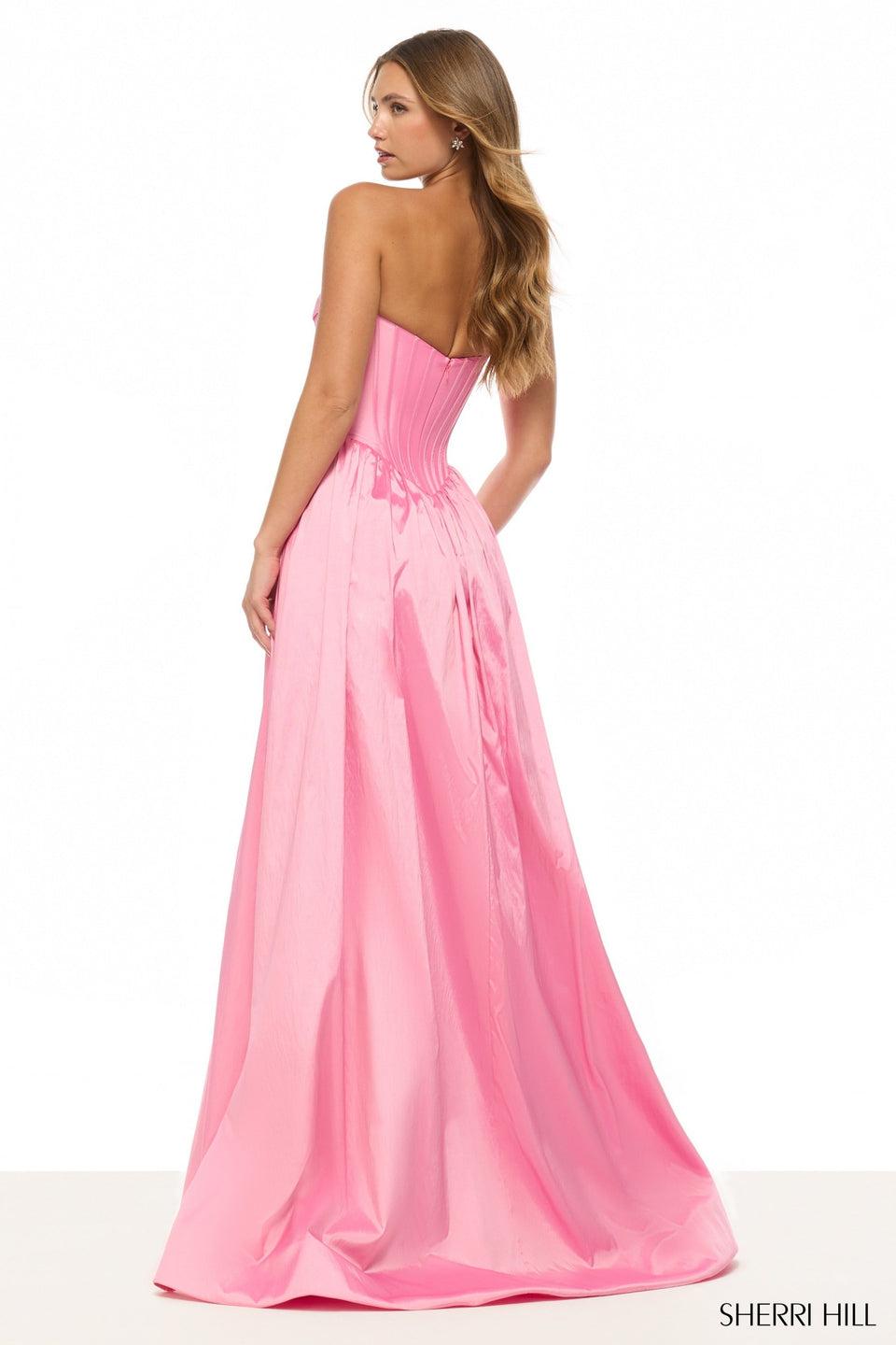 Sherri Hill Strapless A-line Gown With Corset Bodice And A Skirt Slit