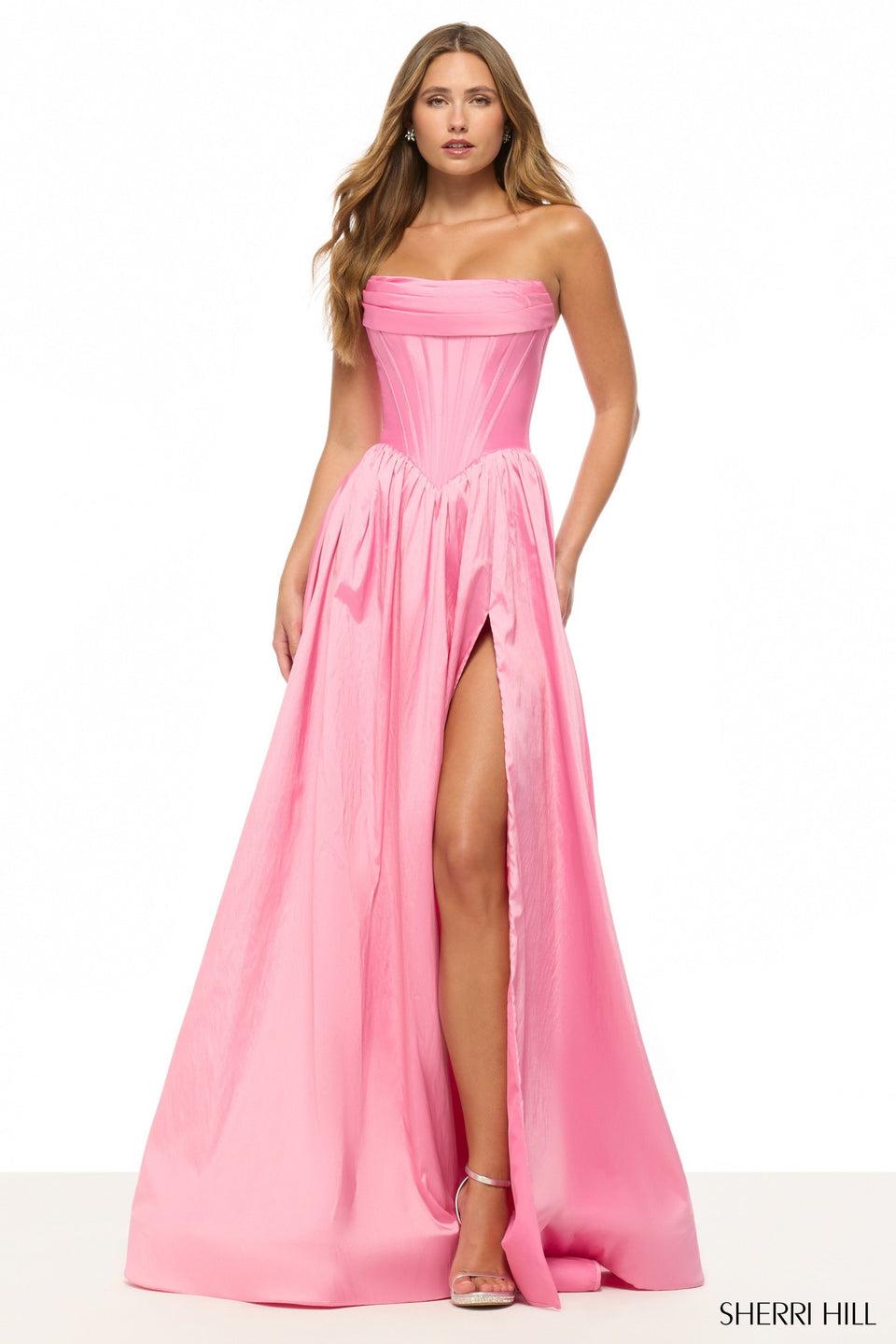 Sherri Hill Strapless A-line Gown With Corset Bodice And A Skirt Slit