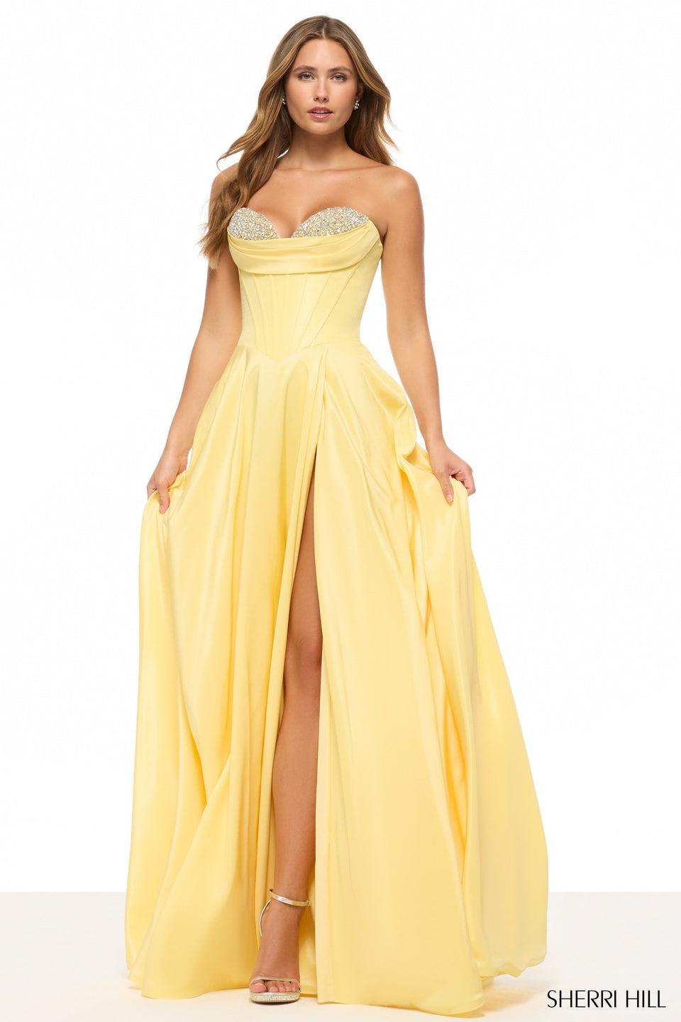 Sherri Hill Strapless A-line Gown With Corset Bodice Bead Embellishments And A Skirt Slit