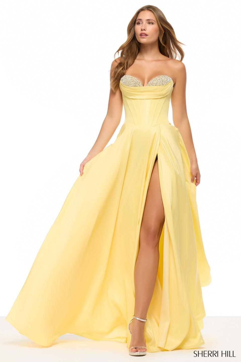 sherri hill Strapless A-line gown with corset bodice bead embellishments and a skirt slit