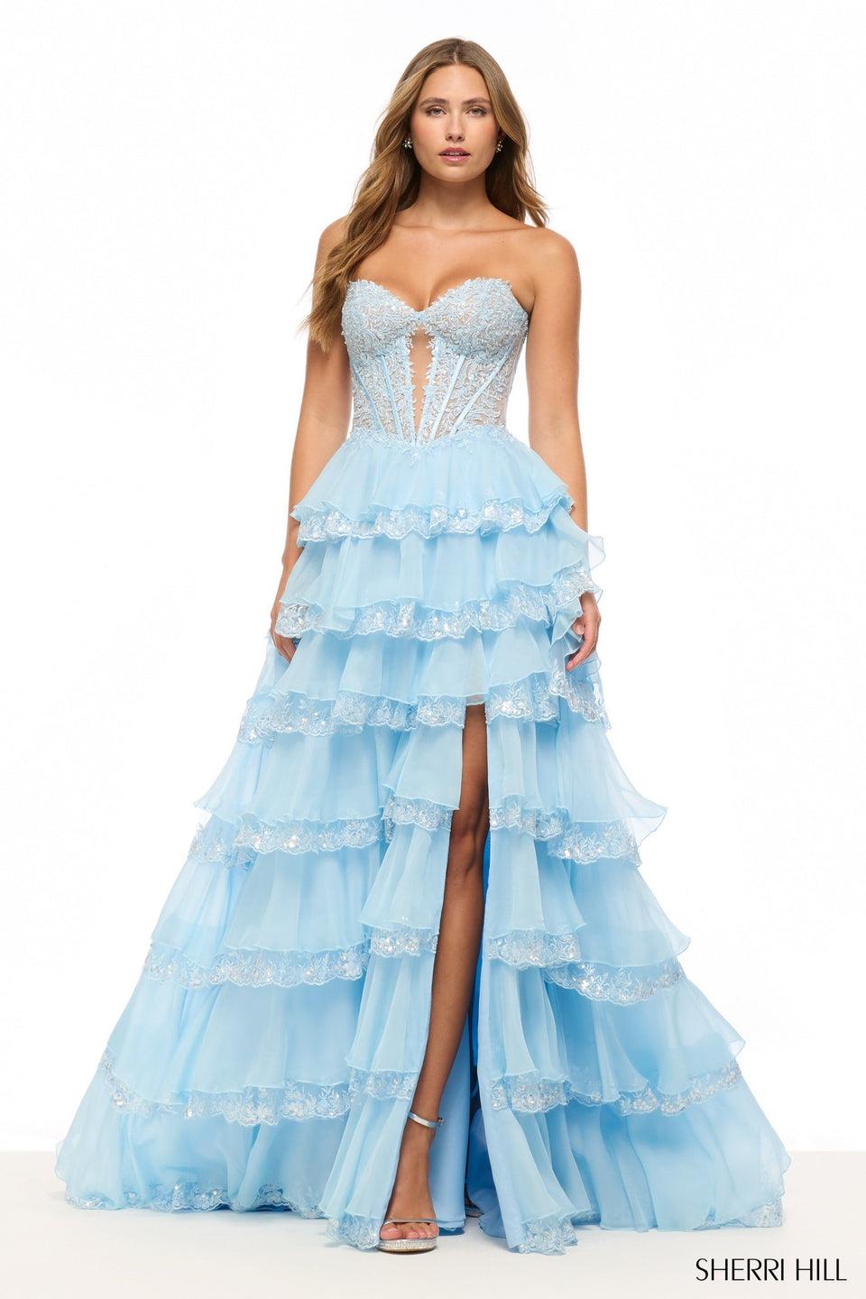 Sherri Hill Strapless A-line Gown With Corset Bodice Keyhole And A Chiffon/sequin Lace Ruffle Skirt With Slit