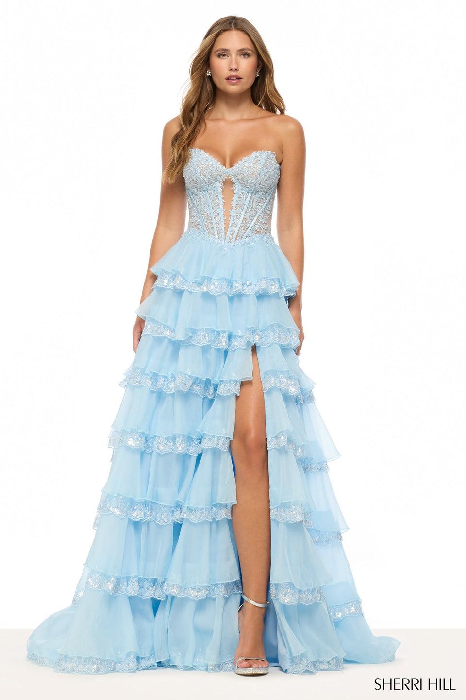 sherri hill Strapless A-line gown with corset bodice keyhole and a chiffon/sequin lace ruffle skirt with slit