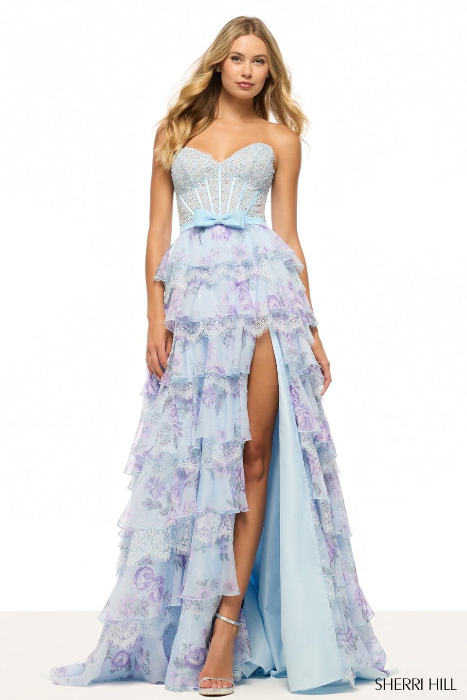 Sherri Hill Strapless A-line Gown With Floral Ruffle Chiffon/lace Skirt And Slit