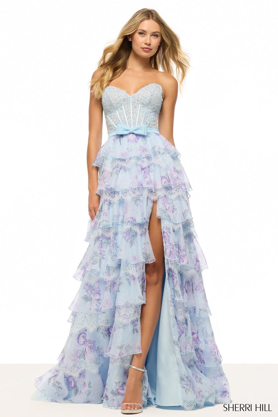 sherri hill Strapless A-line gown with floral ruffle chiffon/lace skirt and slit