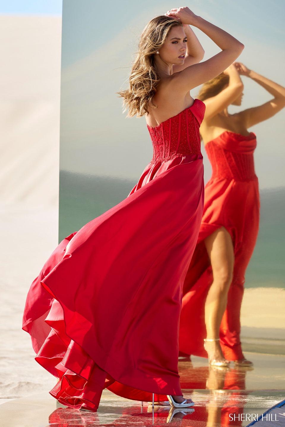 Sherri Hill Strapless A-Line Gown With Lace Bodice And Skirt Slit