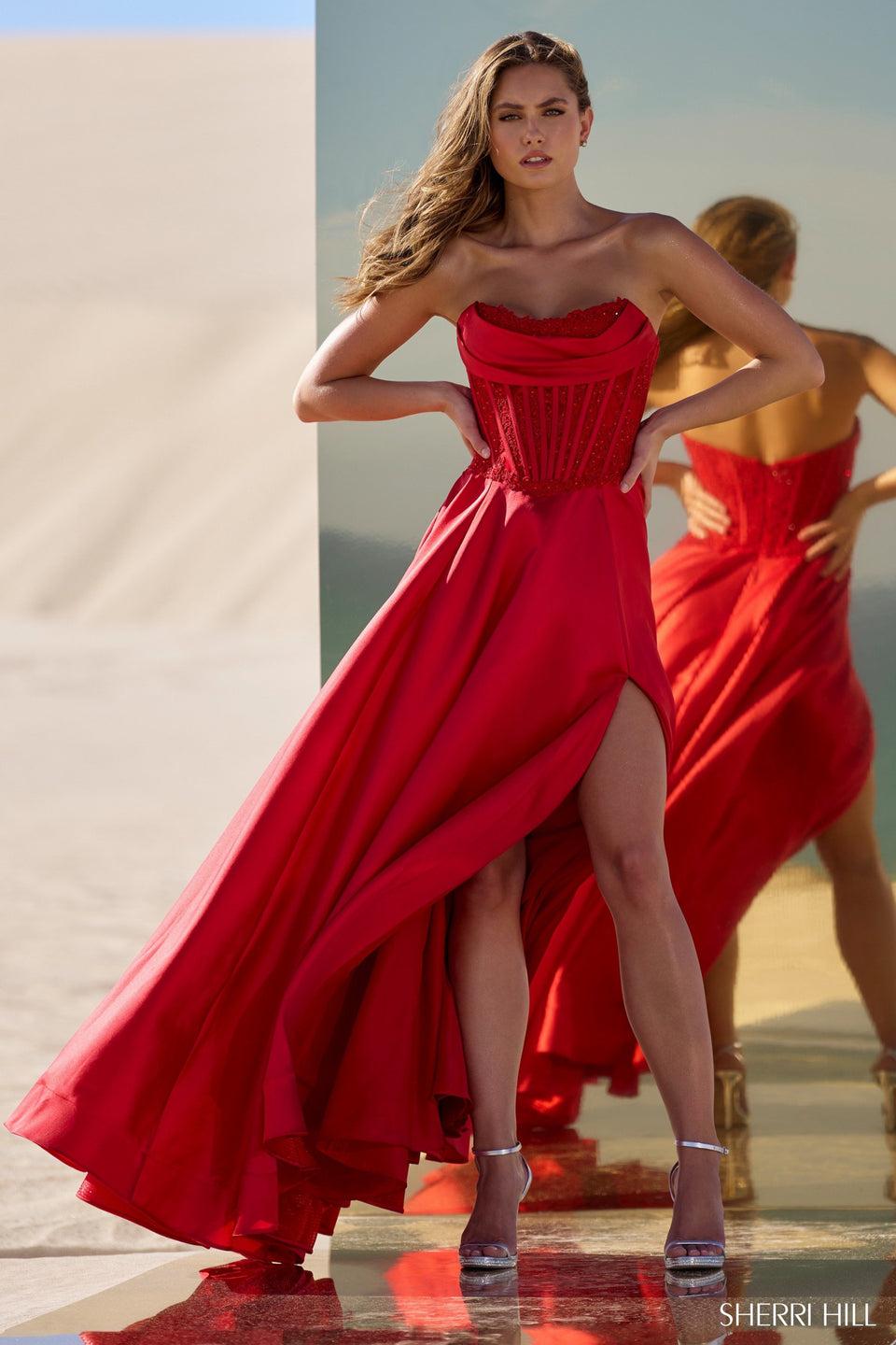 sherri hill Strapless A-Line gown with lace bodice and skirt slit