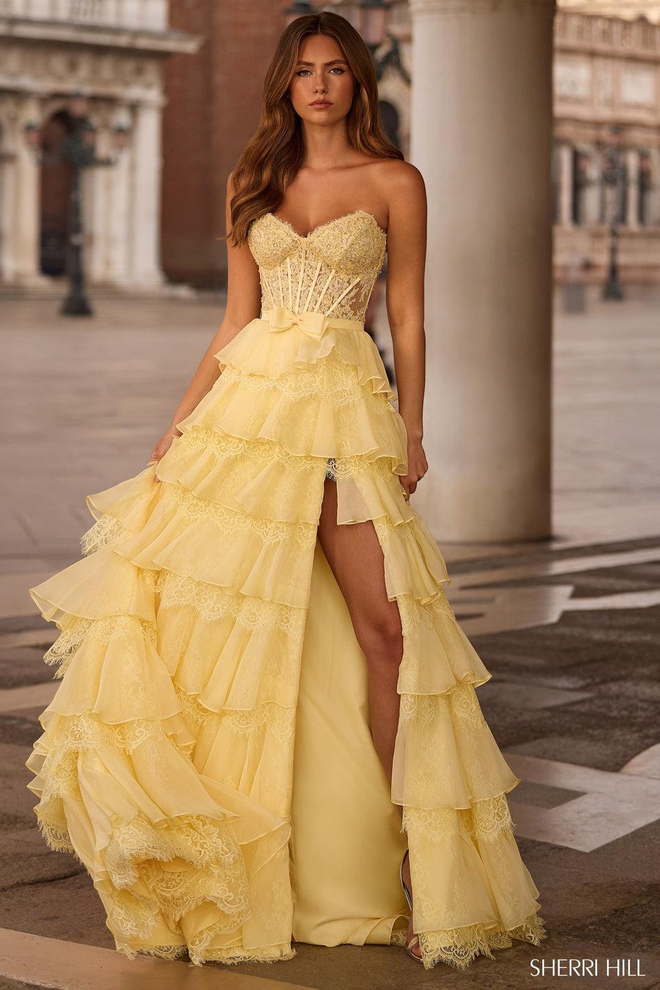 Sherri Hill Strapless A-line Gown With Ruffle Chiffon/lace Skirt And Slit