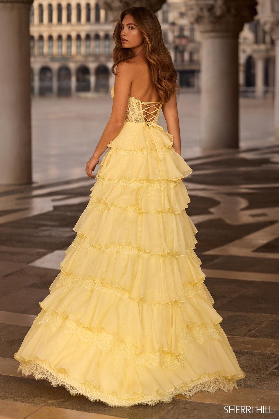 Sherri Hill Strapless A-line Gown With Ruffle Chiffon/lace Skirt And Slit