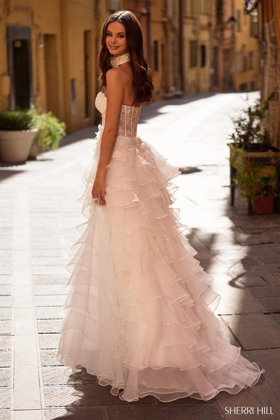 Sherri Hill Strapless A-Line Gown With Sheer Floral Corset Bodice Floral Choker Tulle Ruffle Skirt Slit