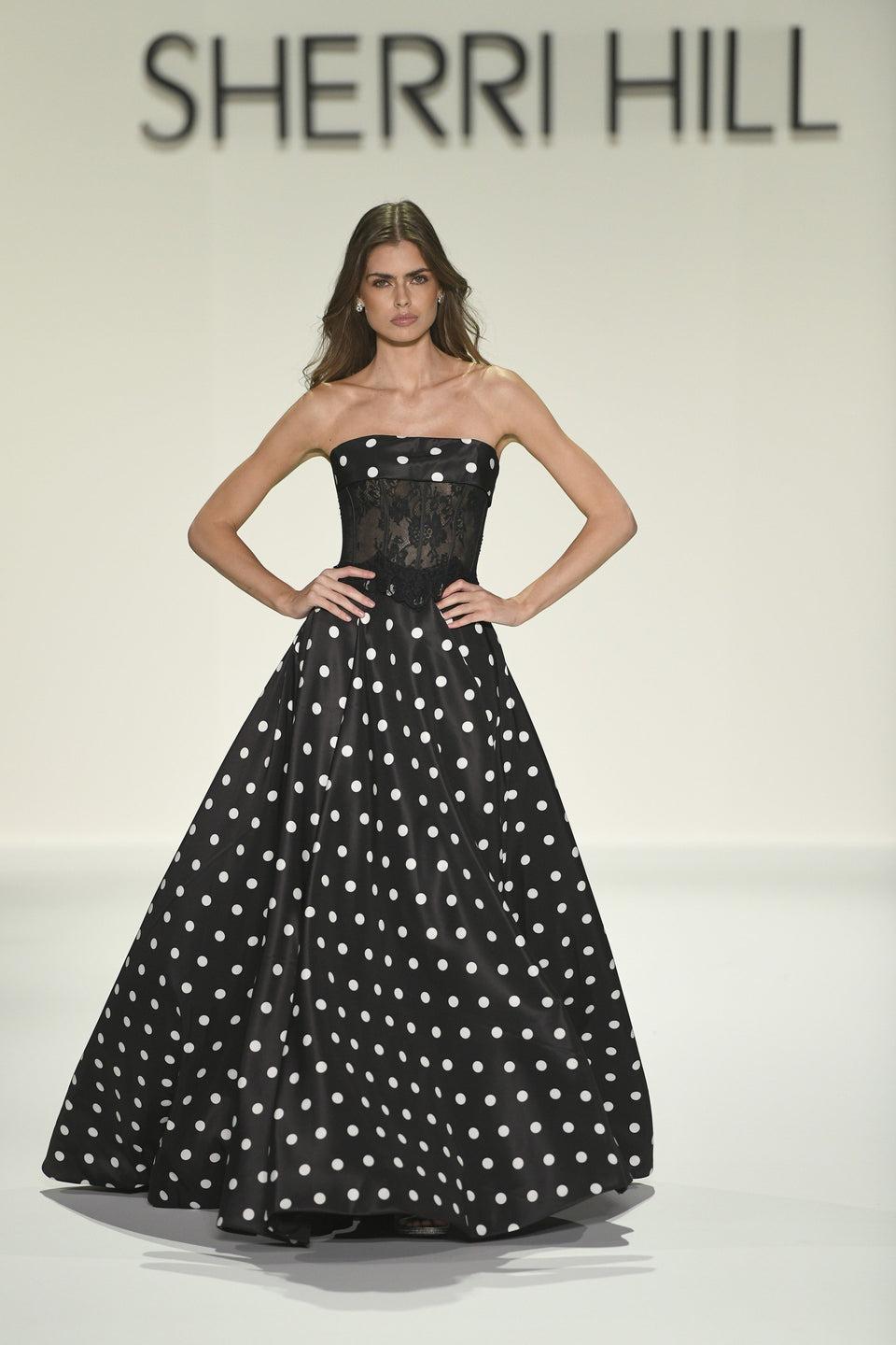 sherri hill Strapless A-Line polkadot gown with sheer lace bodice and skirt slit