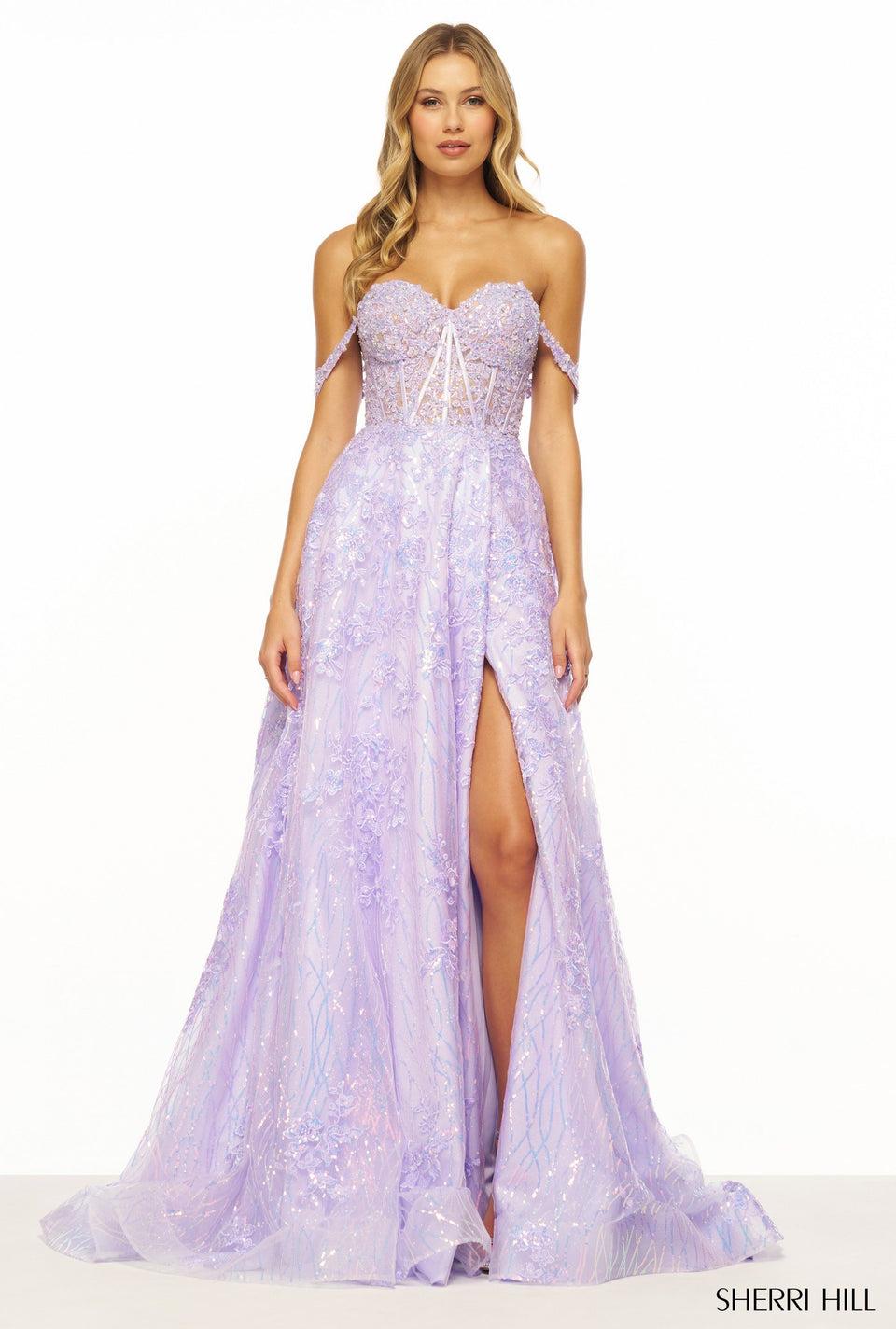 Sherri Hill Strapless A-line Sequin Lace Gown With Corset Bodice Skirt Slit And Detachable Sleeve Straps