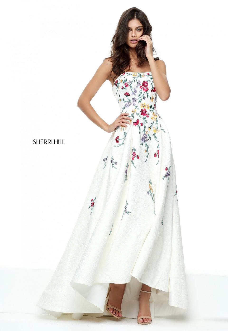 Sherri Hill Strapless Audrey Length Gown With Embroidered Flowers