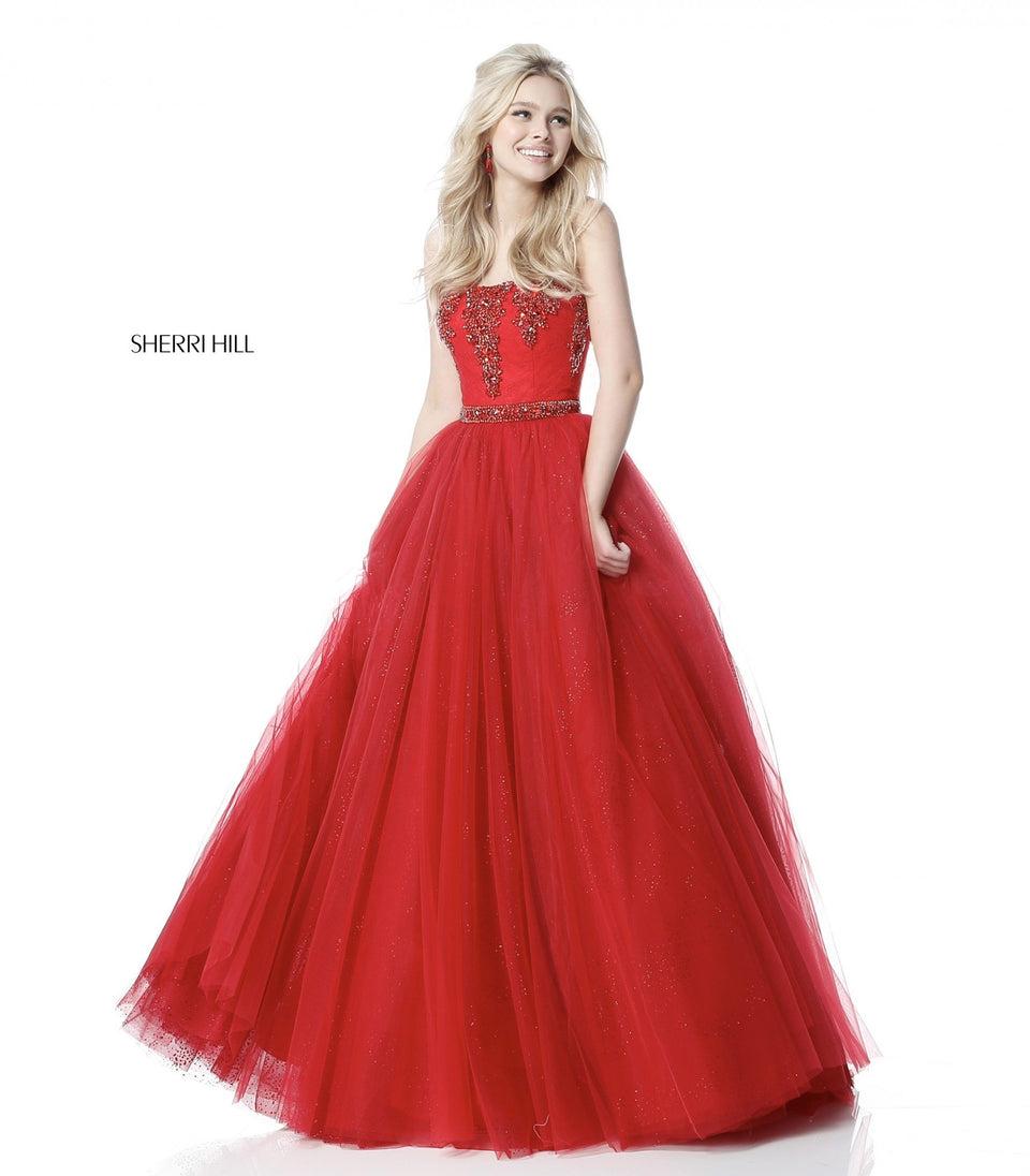Sherri Hill Strapless Ball Gown With Bead Appliqued Bodice And Tulle Skirt
