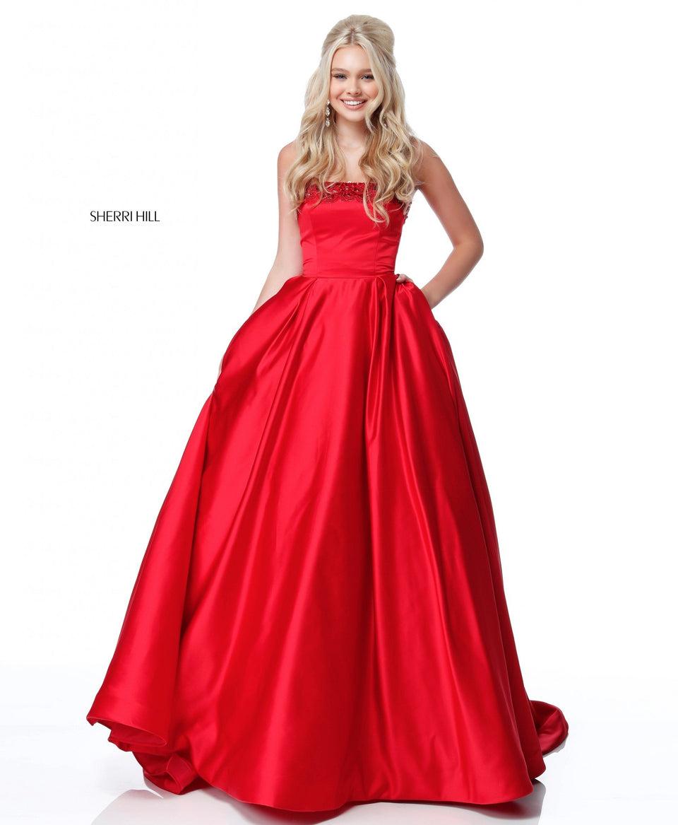 sherri hill Strapless ball gown with beaded applique on the bodice