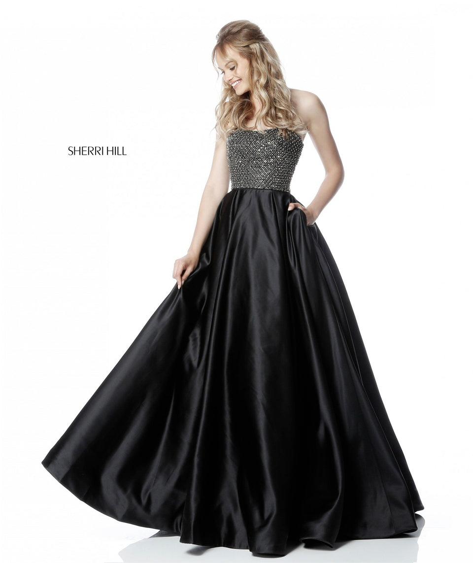 Sherri Hill Strapless Ball Gown With Beaded Bodice And Satin Skirt