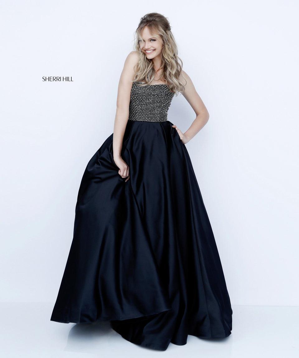 Sherri Hill Strapless Ball Gown With Beaded Bodice And Satin Skirt