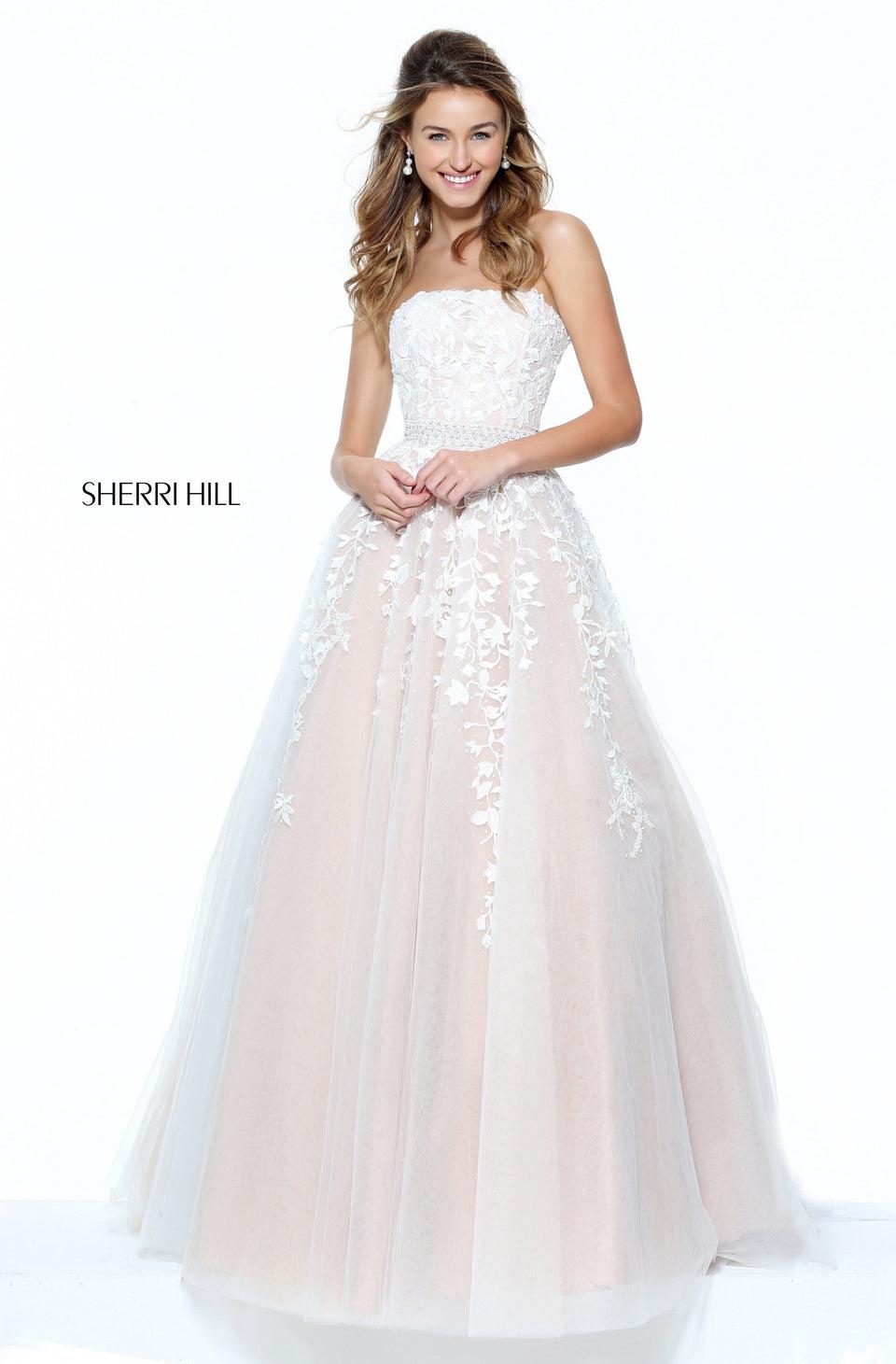 sherri hill Strapless ball gown with ivy lace bodice and a beaded waist band