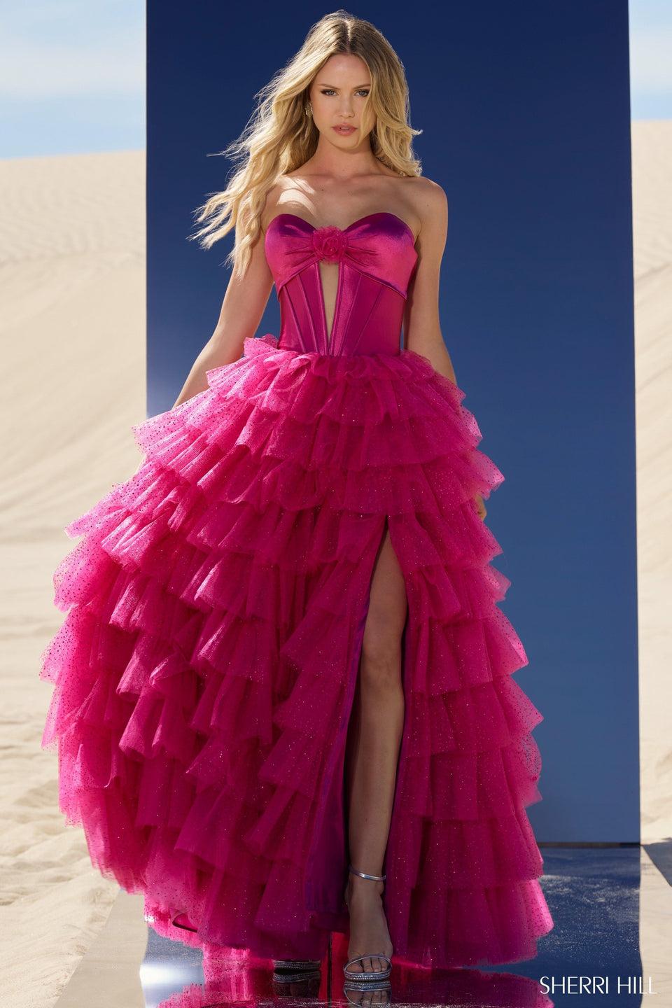 Sherri Hill Strapless Ball Gown With Keyhole Bodice Tulle Ruffle Skirt And High Slit