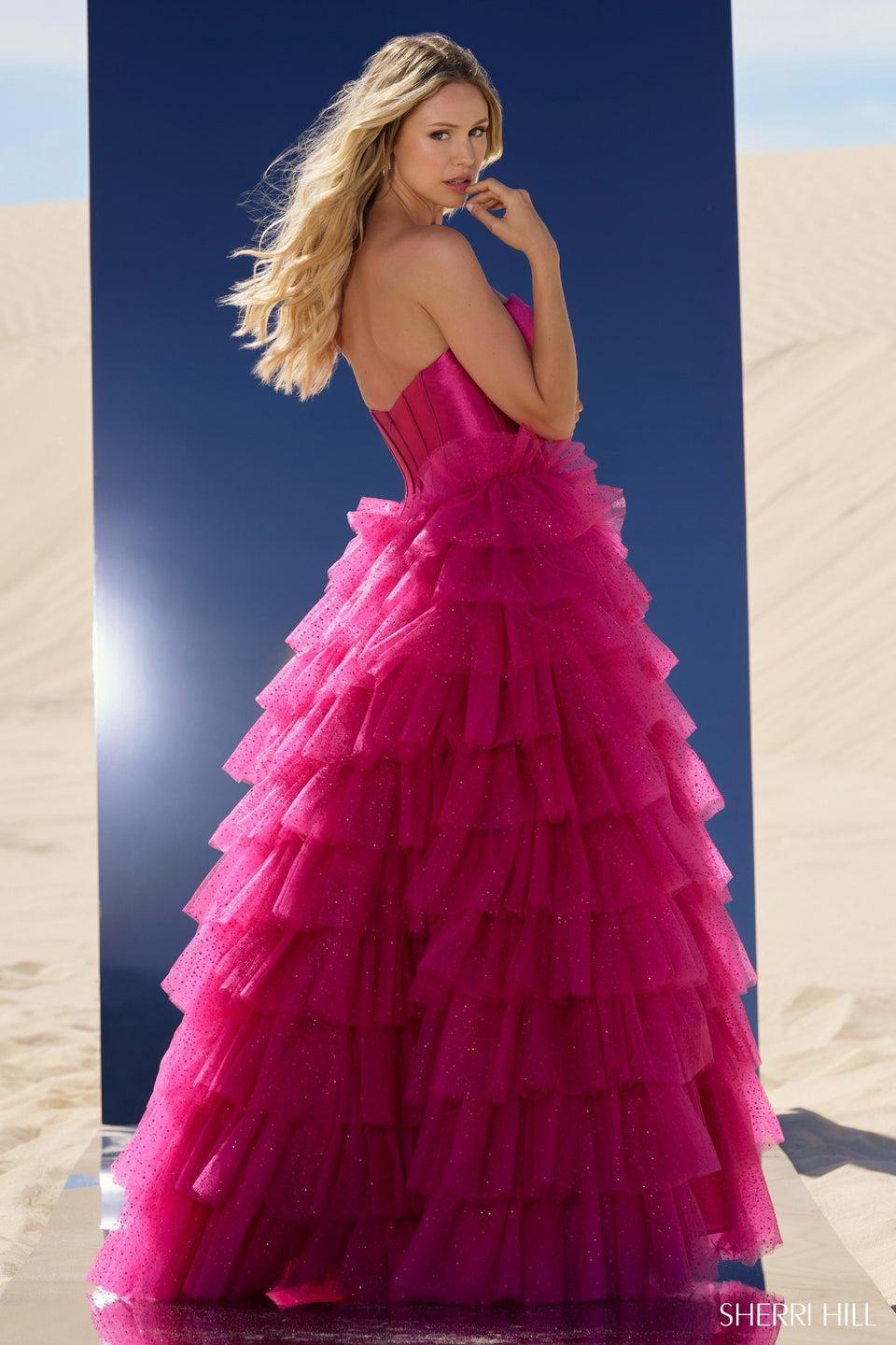 Sherri Hill Strapless Ball Gown With Keyhole Bodice Tulle Ruffle Skirt And High Slit