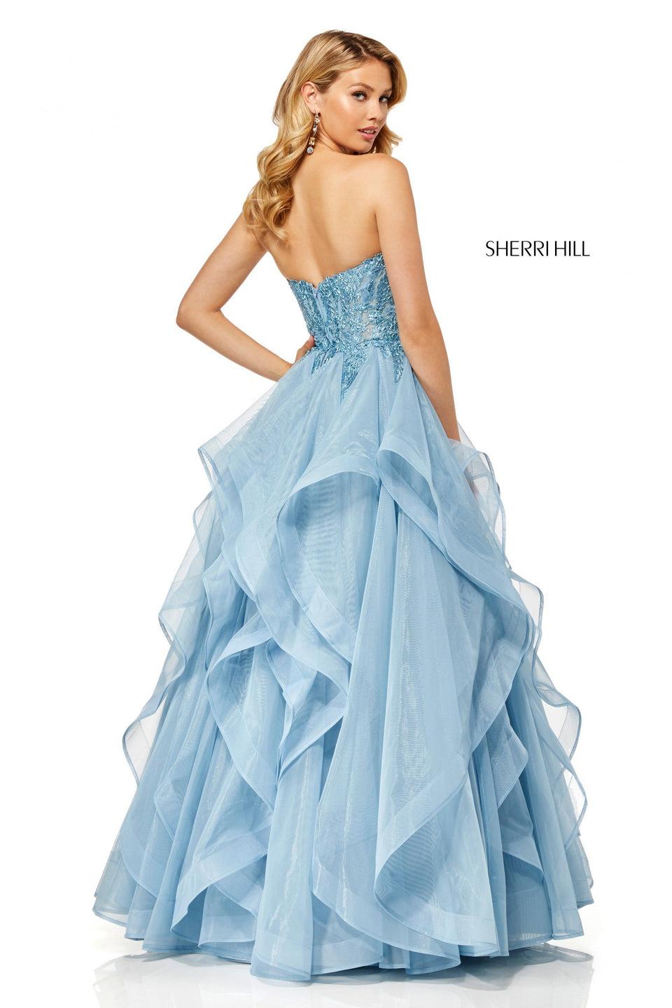Sherri Hill Strapless Ball Gown With Layered Ruffle Organza Skirt And Beaded Metallic Lace Bodice
