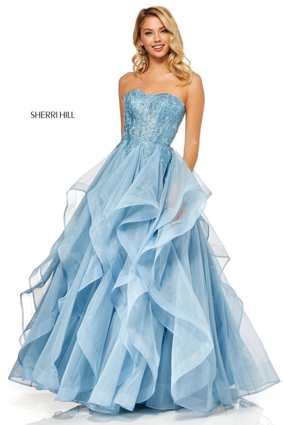 Sherri Hill Strapless Ball Gown With Layered Ruffle Organza Skirt And Beaded Metallic Lace Bodice