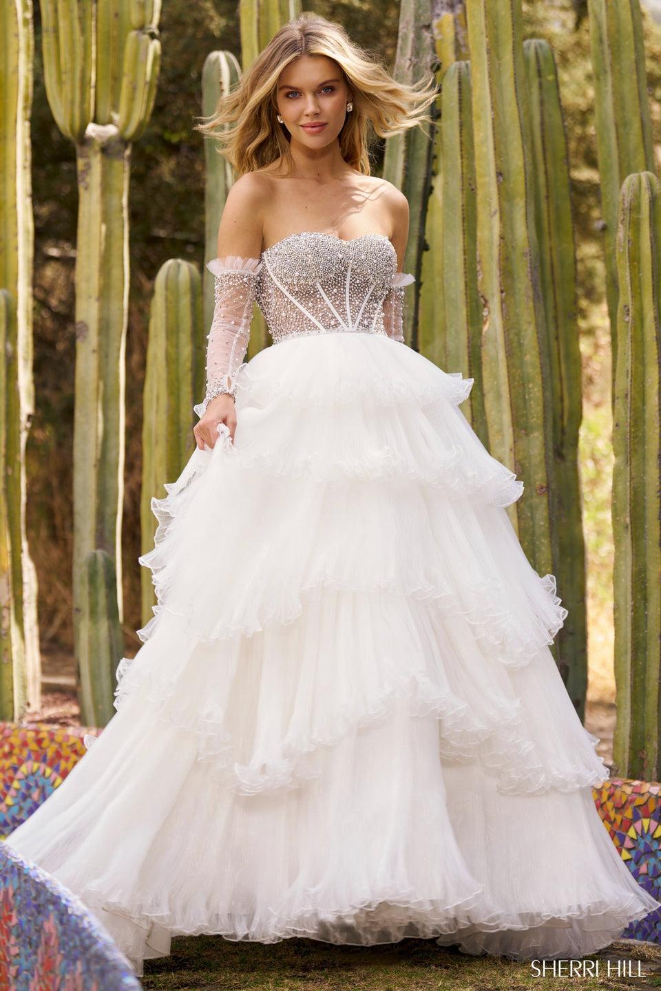 Sherri Hill Strapless Ball Gown With Sheer Corset Pearl Embellishments Pleated Organza Ruffle Skirt And Removable Pearl Sleeves