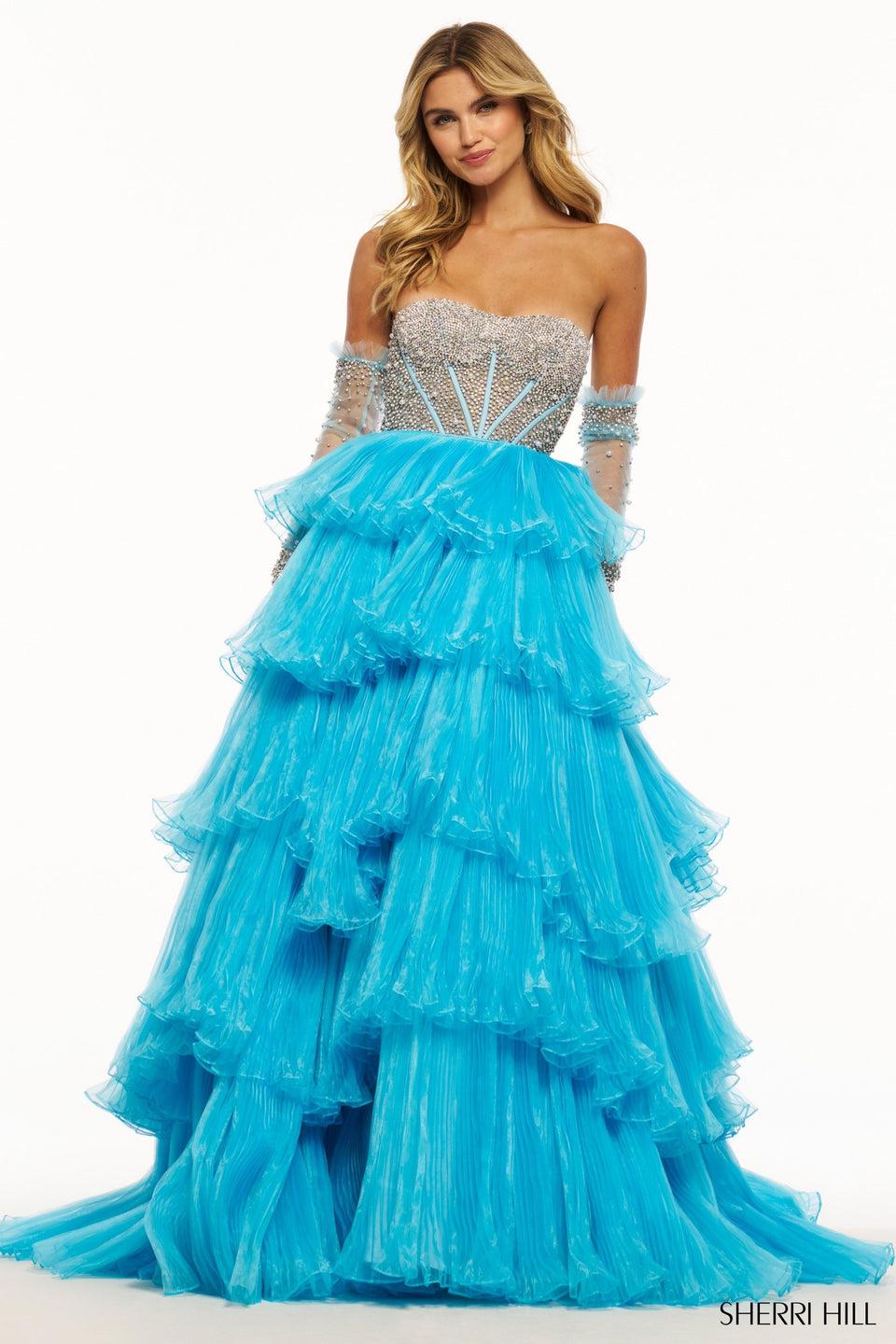 Sherri Hill Strapless Ball Gown With Sheer Corset Pearl Embellishments Pleated Organza Ruffle Skirt And Removable Pearl Sleeves