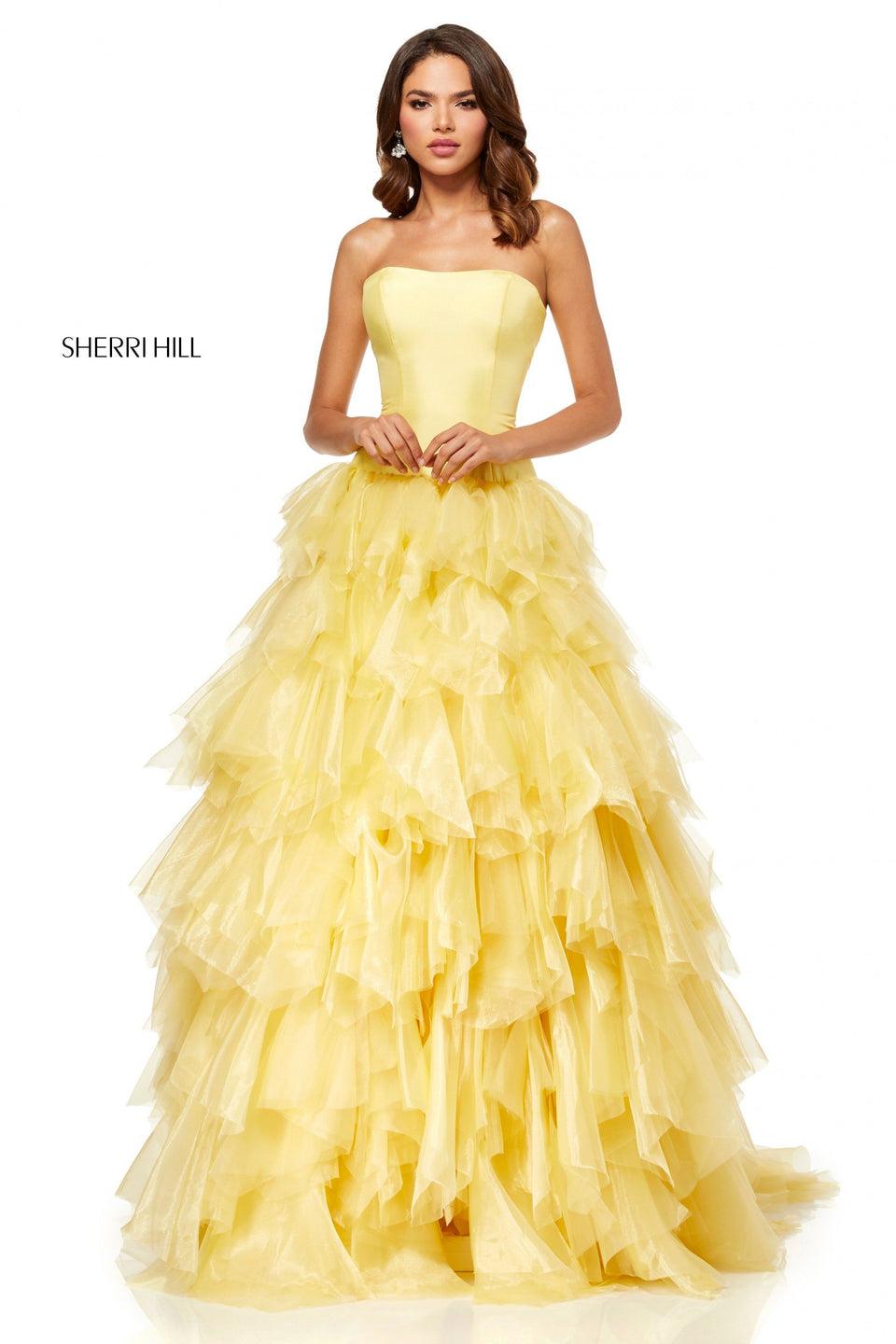 Sherri Hill Strapless Ball Gown With Taffeta Drop Waist And Tulle Ruffle Skirt