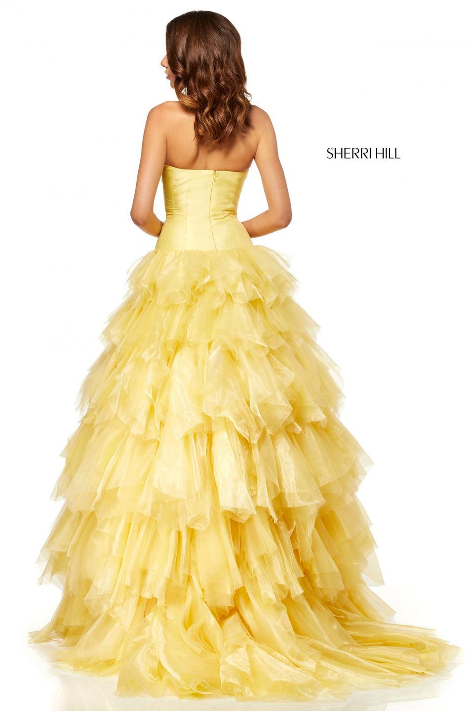 Sherri Hill Strapless Ball Gown With Taffeta Drop Waist And Tulle Ruffle Skirt