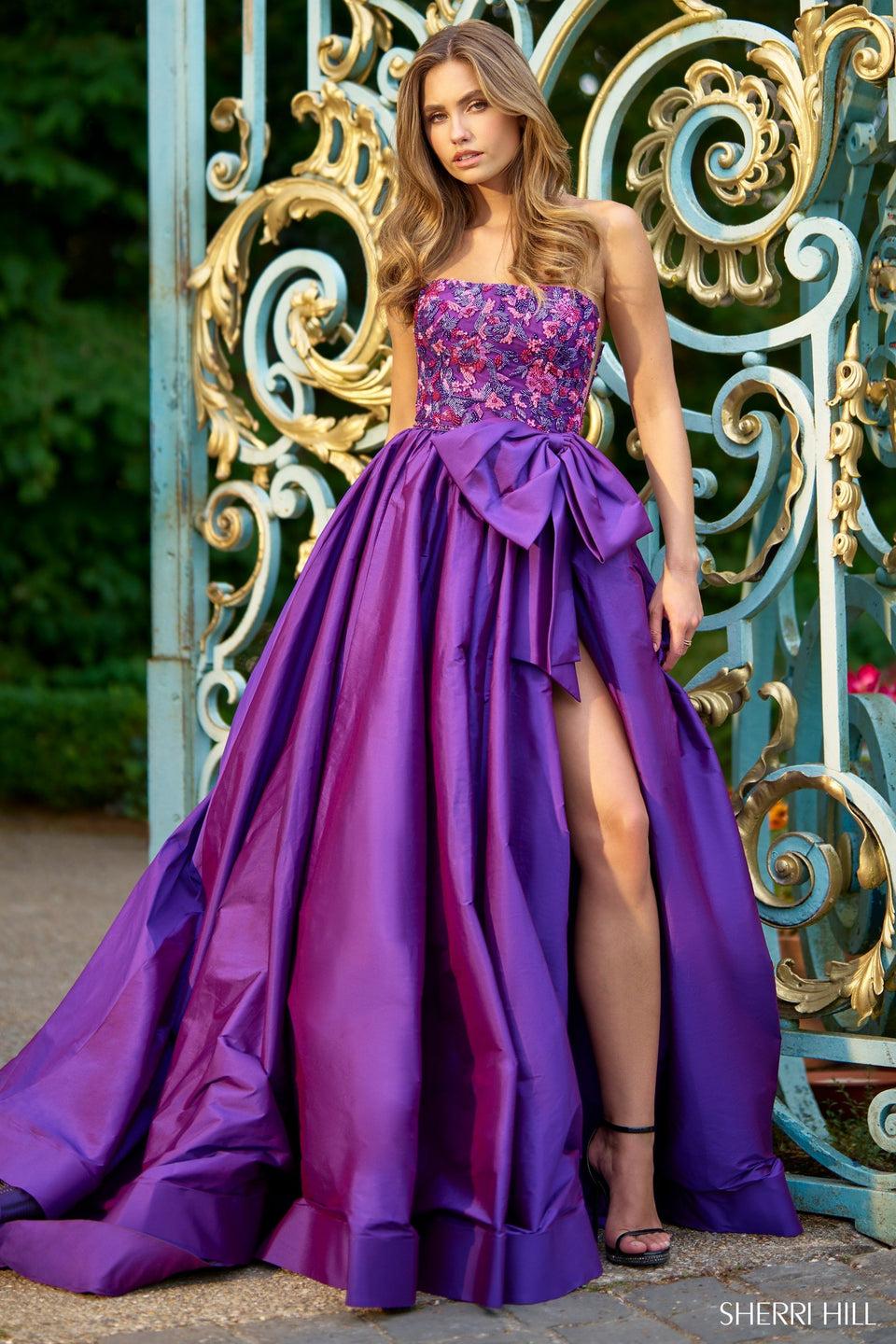 Sherri Hill Strapless Ballgown With Beaded Bodice And Taffeta Skirt With Bow And Slit