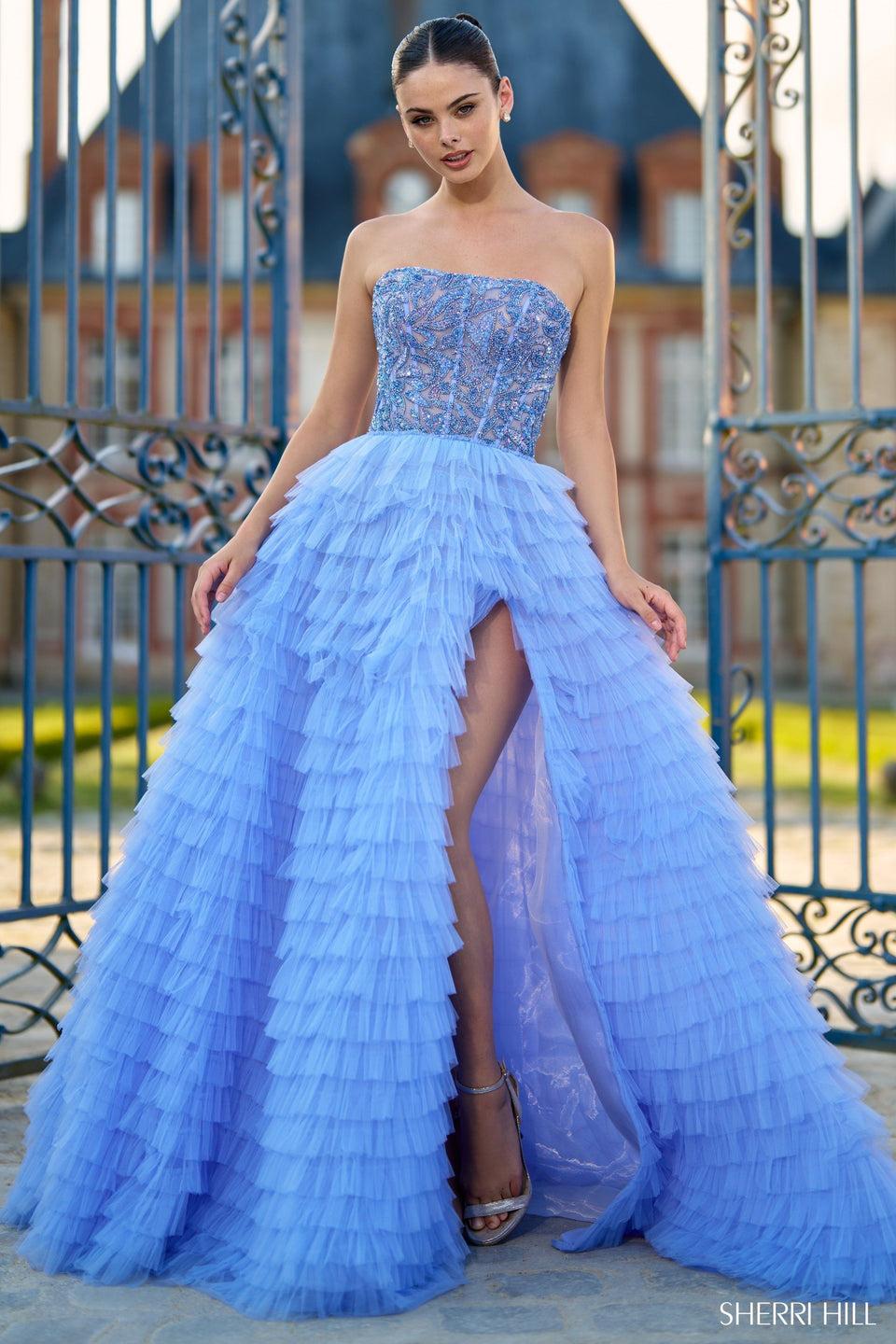 Sherri Hill Strapless Ballgown With Beaded Bodice And Tulle Ruffle Skirt With Slit