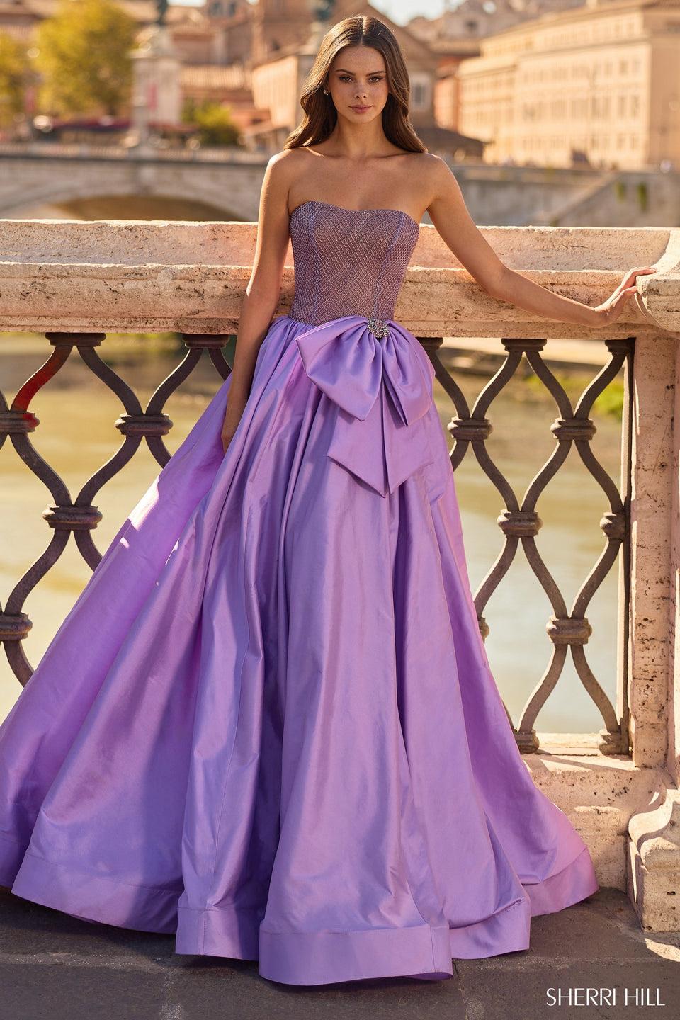 sherri hill Strapless ballgown with beaded bodice bow and taffeta skirt