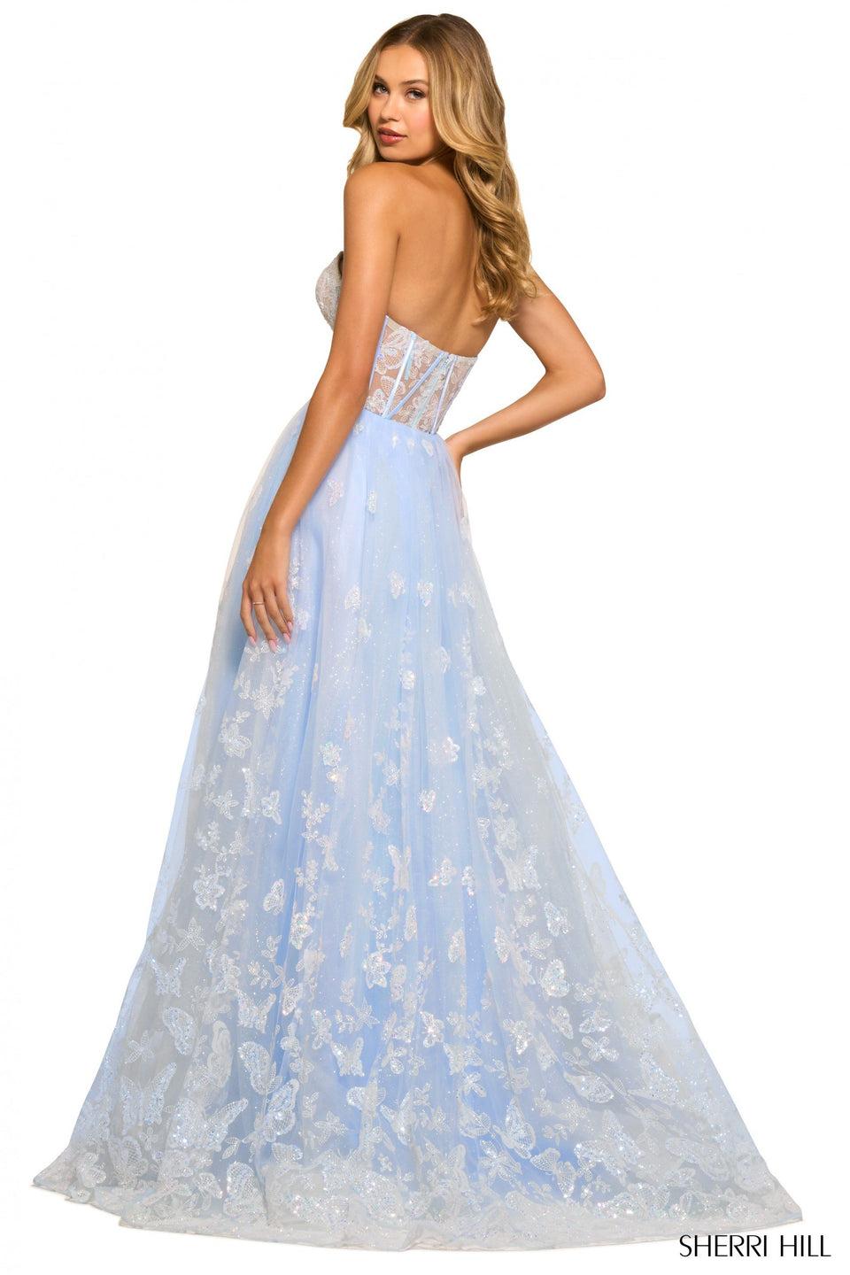 Sherri Hill Strapless Ballgown With Butterfly Sequin Embellishments And Sheer Corset Top
