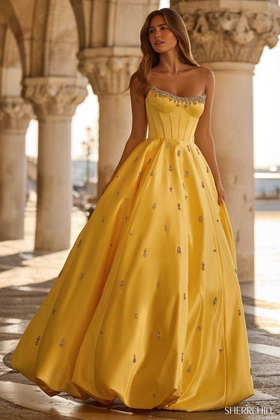 sherri hill Strapless ballgown with corset bodice and a bubble skirt