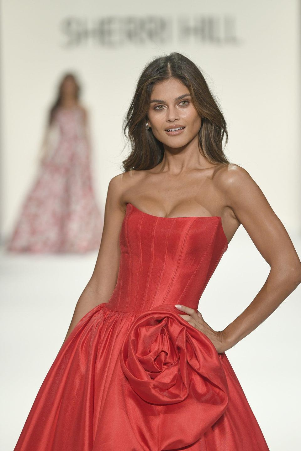 Sherri Hill Strapless Ballgown With Corset Bodice Bubble Skirt With Slit And A Rose Embellishment
