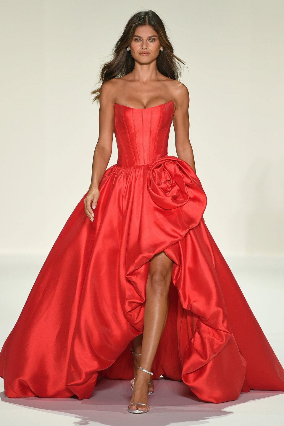 Sherri Hill Strapless Ballgown With Corset Bodice Bubble Skirt With Slit And A Rose Embellishment