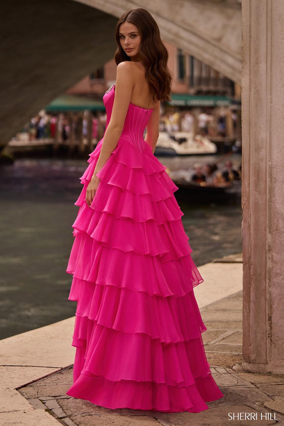 Sherri Hill Strapless Ballgown With Corset Bodice Chiffon Ruffle Skirt With Slit And Bead Embellishments