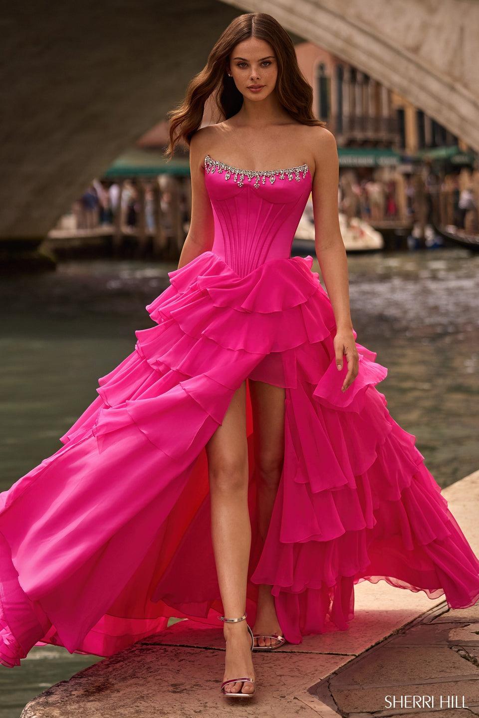 Sherri Hill Strapless Ballgown With Corset Bodice Chiffon Ruffle Skirt With Slit And Bead Embellishments