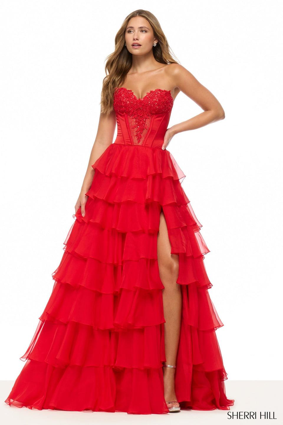 Sherri Hill Strapless Ballgown With Corset Bodice Leaf Lace Details And A Chiffon Ruffle Skirt With Slit