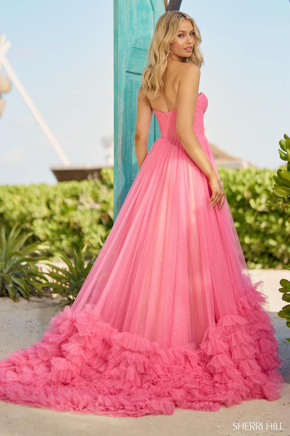 Sherri Hill Strapless Ballgown With Corset Top And Ruffle Embellished Skirt